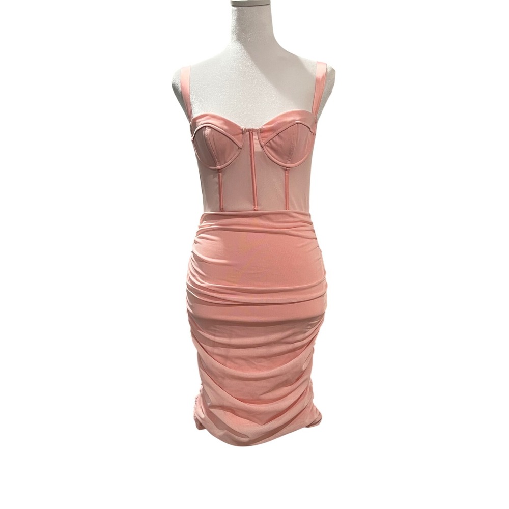 White Fox Push the Boundaries Mini Dress Womens Medium Pink Ruched Corset Mesh